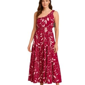 Elegant Floral One-Shoulder Dress in Red